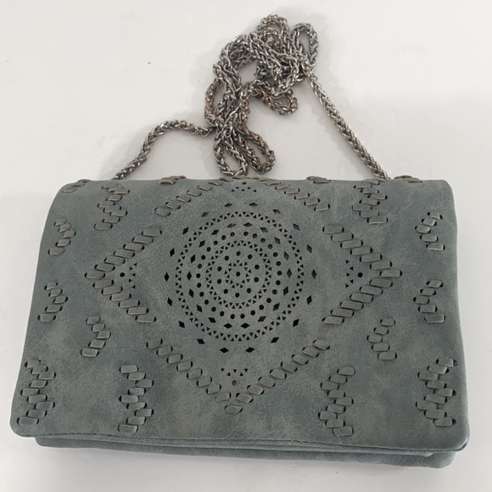 Free People Laser Cut Convertible Grey Crossbody Clutch Chain Link Strap Purse